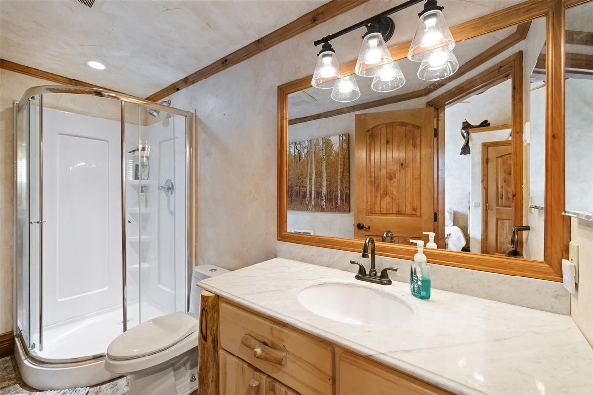 19 East Hanson Road Keystone, CO 80435 - Photo 14 of 24 Bathroom featuring vanity, a stall shower, and ornamental molding