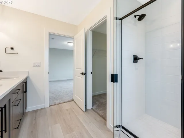 a bathroom with a shower and a sink