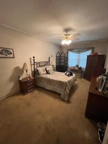 a bedroom with furniture and a ceiling fan