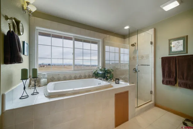 a bathroom with a tub a sink a mirror and a shower