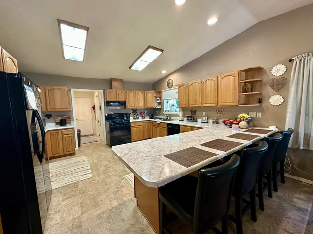 a view of a dining room with furniture