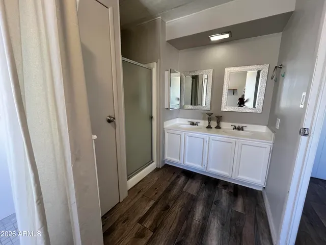 a bathroom with a sink a mirror and a shower