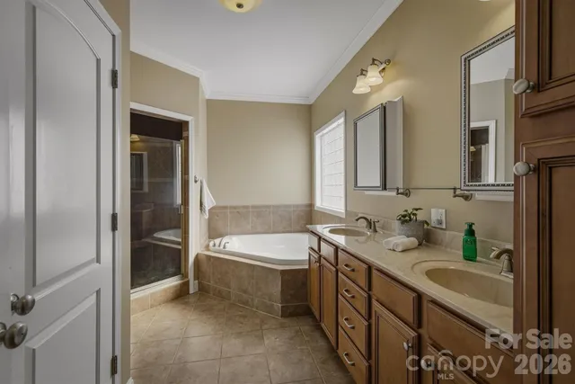 a bathroom with a double vanity sink a mirror and a bathtub