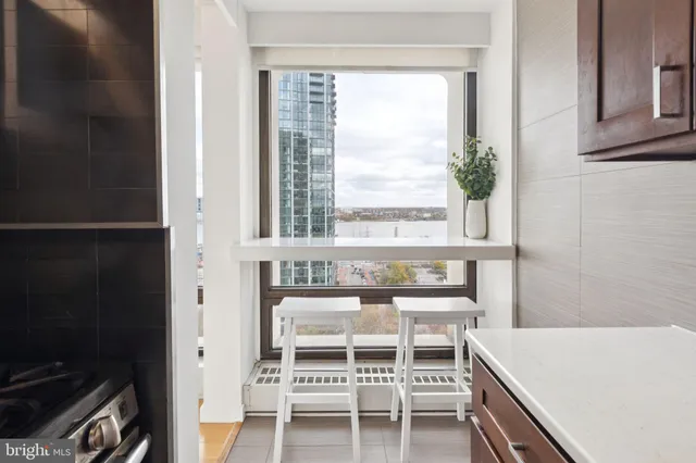 a dining room with a window