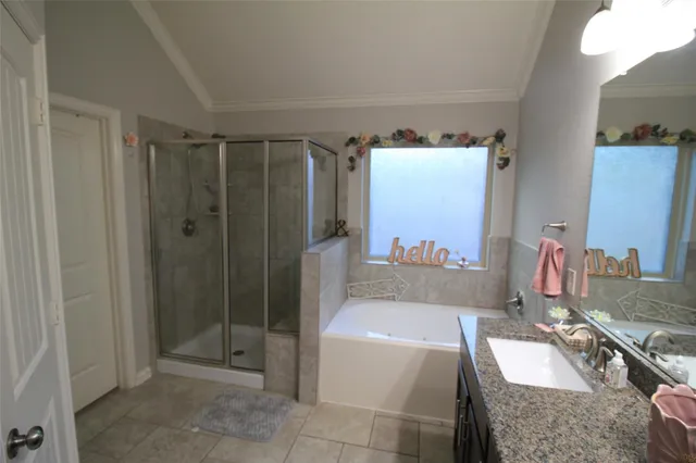 a bathroom with a tub shower sink and mirror