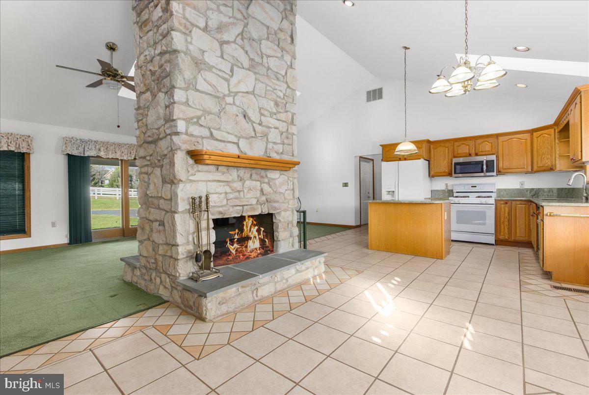 Enormous living area with wood fireplace