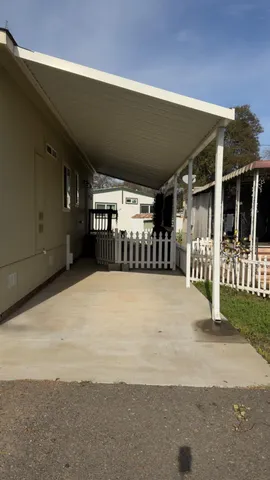 a view of a building with a garage