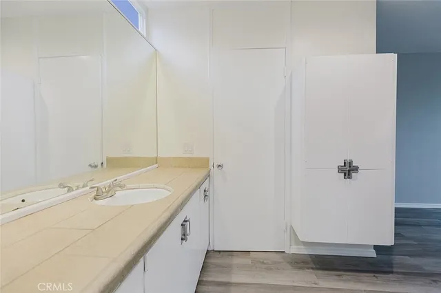 a bathroom with a sink and a mirror