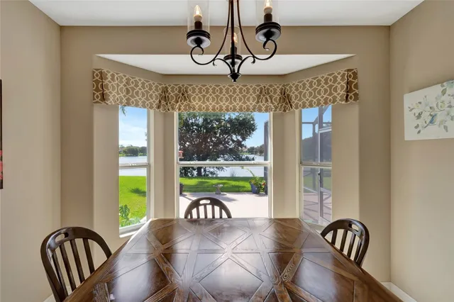 a view of a dining room with furniture window and outside view