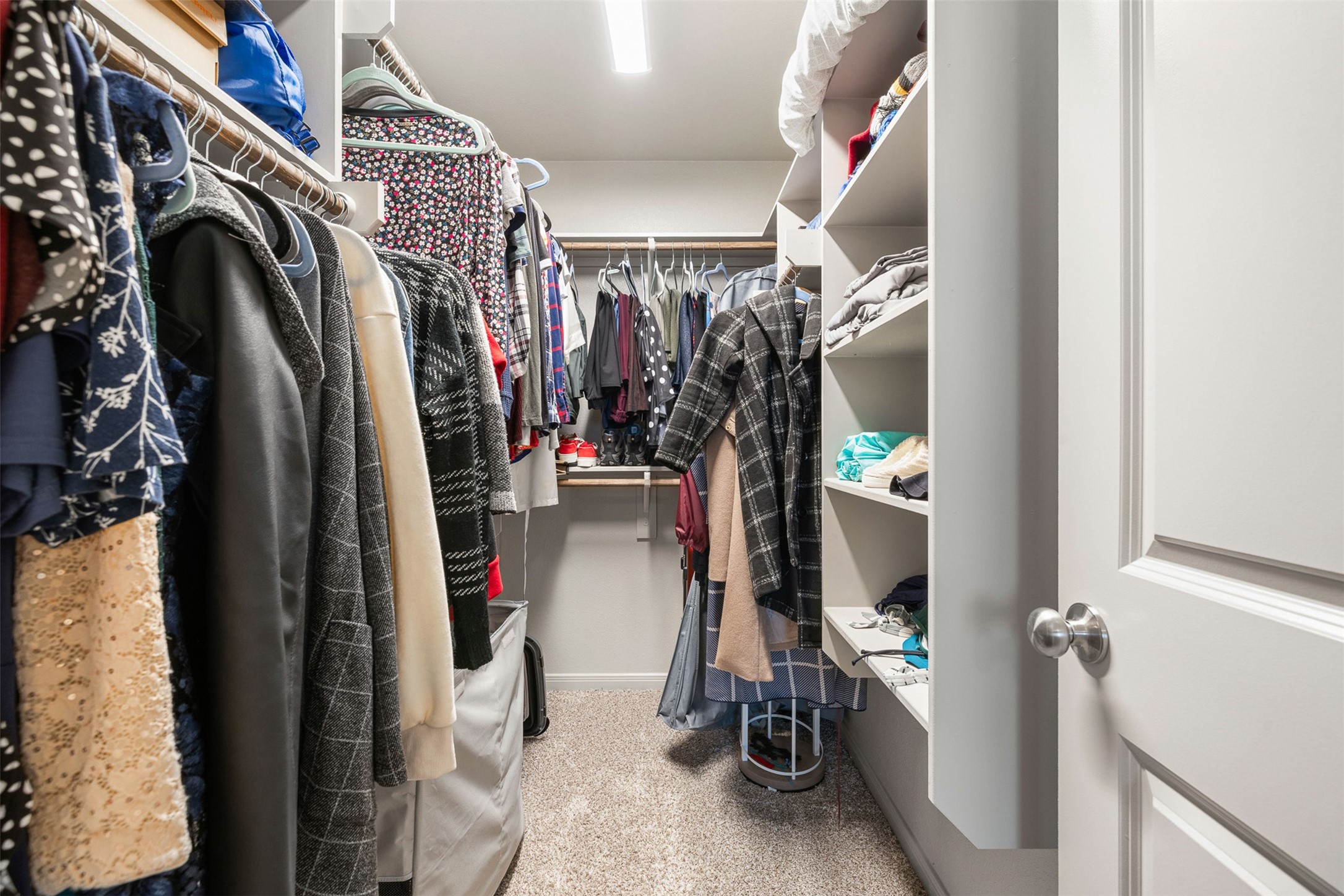 1968 Chief Street Bryan, TX 77807 - Photo 9 of 27 Spacious walk-in closet with ample shelving and hanging space, bright lighting, and carpeted flooring for a cozy feel. Perfect for organizing a large wardrobe.