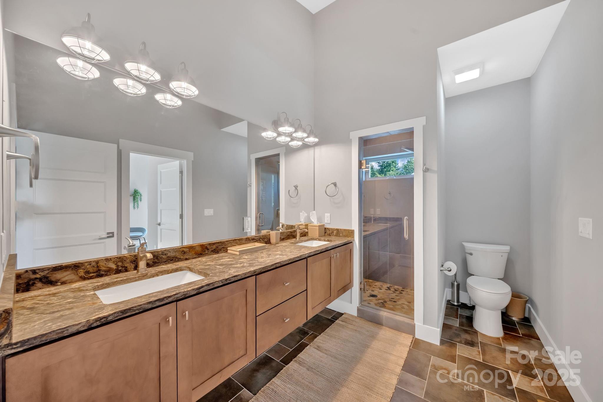 8 Birdhouse Row Asheville, NC 28801 - Photo 14 of 46 a spacious bathroom with a granite countertop sink a toilet and a large mirror