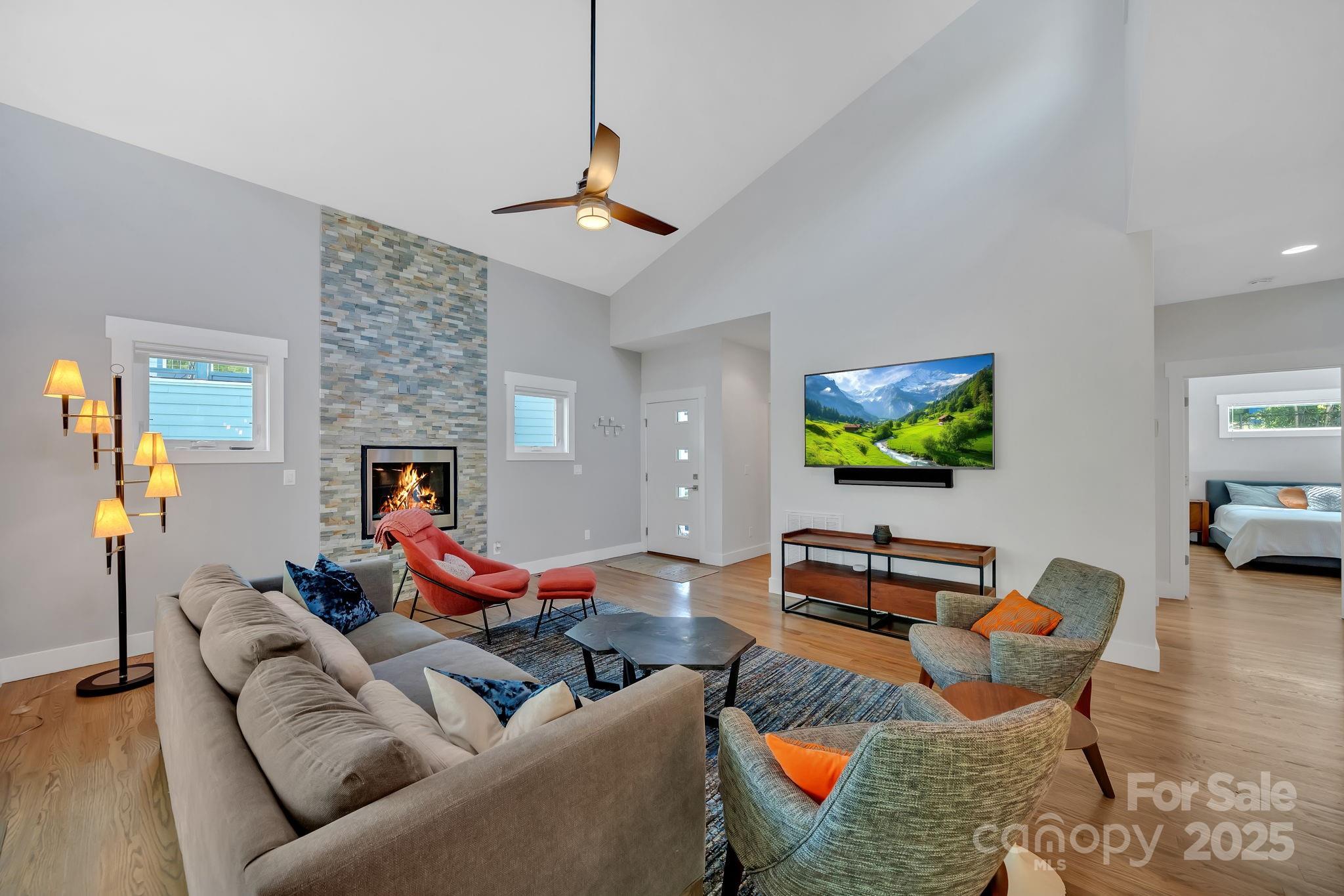 8 Birdhouse Row Asheville, NC 28801 - Photo 19 of 46 a living room with furniture a flat screen tv and a fireplace
