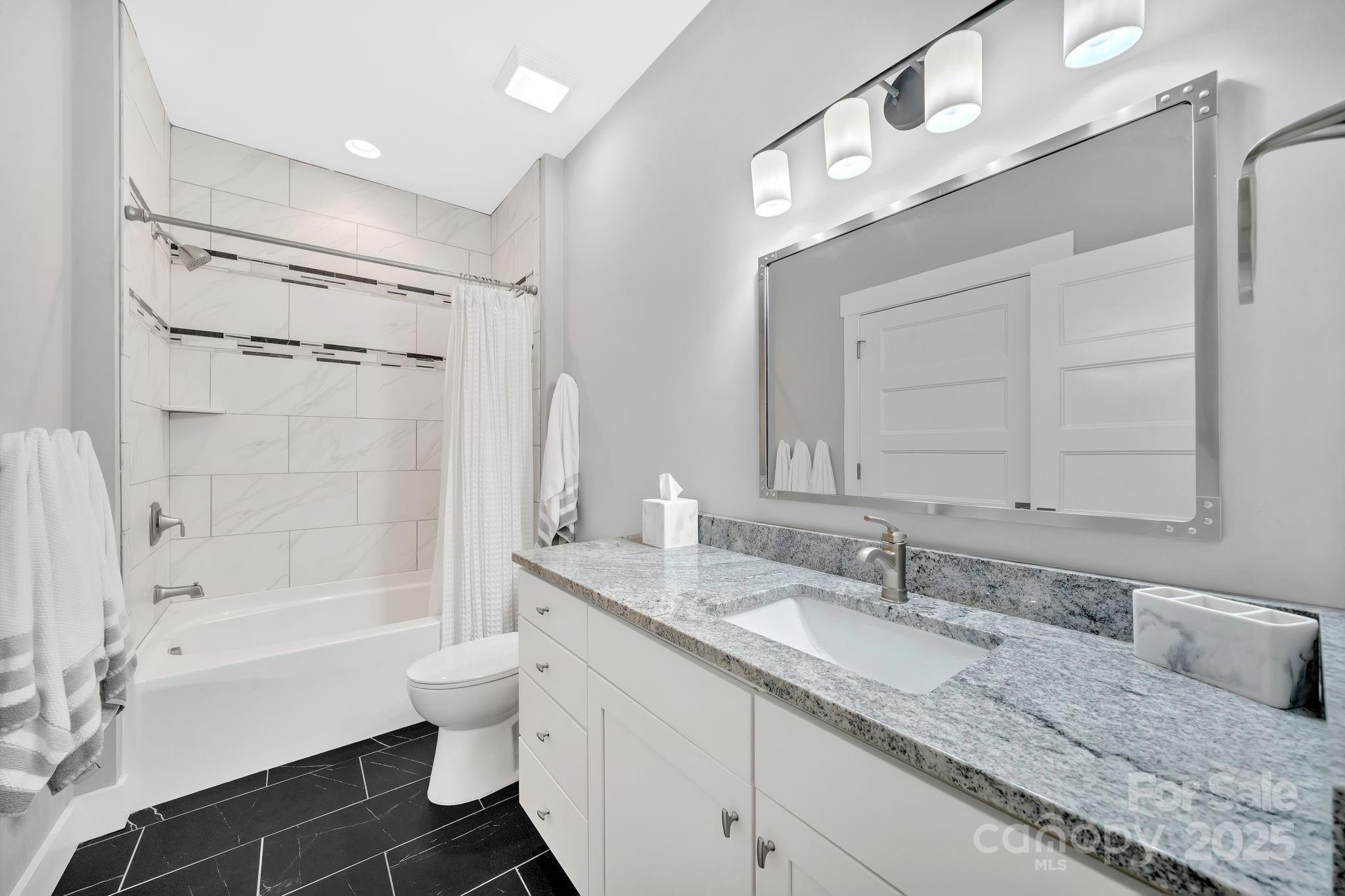 8 Birdhouse Row Asheville, NC 28801 - Photo 39 of 46 a bathroom with a granite countertop sink double mirror bathtub shower and a toilet