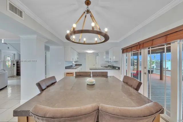a kitchen with stainless steel appliances a dining table and chairs