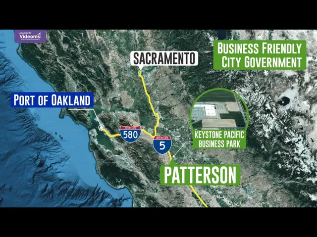 a view of outdoor space with signage and flags