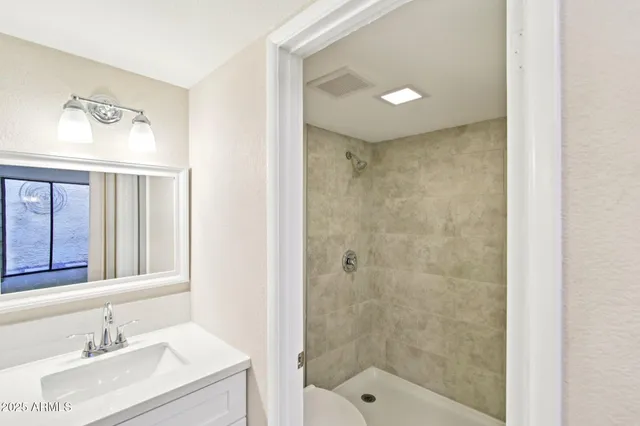 a bathroom with a sink shower and a mirror