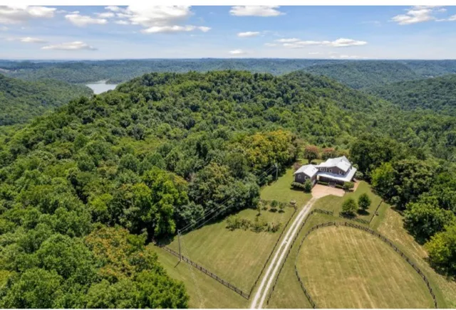 an aerial view of a residential houses with outdoor space and trees