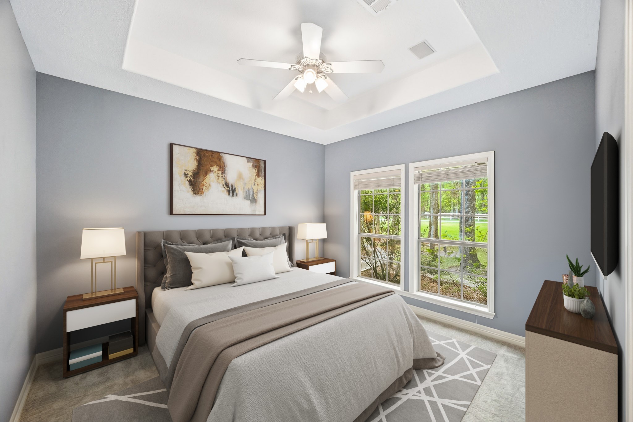 11995 White Oak Crossing Conroe, TX 77385 - Photo 22 of 44 a bedroom with a bed a window and a flat screen television