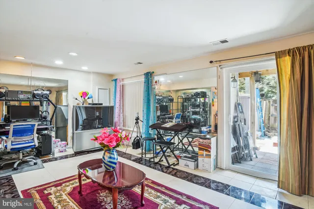 a view of a park with large trees