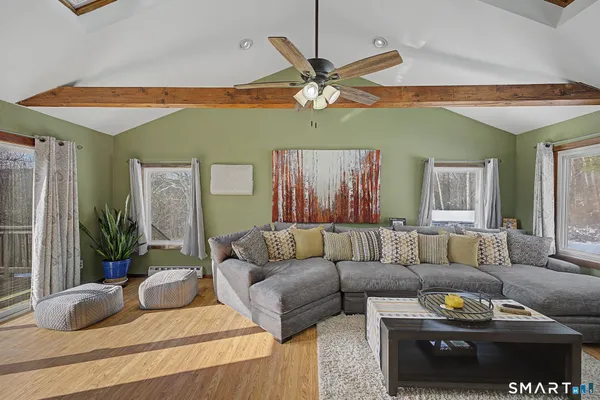 a living room with furniture and a potted plant