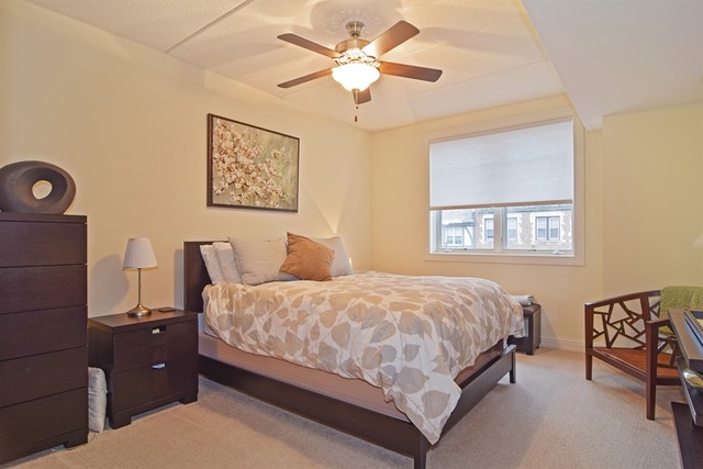 310 South Main Street, Unit 208 Lombard, IL 60148 - Photo 5 of 15 a bedroom with a bed and a chandelier