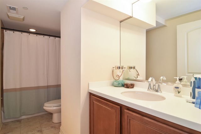 310 South Main Street, Unit 208 Lombard, IL 60148 - Photo 8 of 15 a bathroom with a granite countertop sink toilet and a mirror