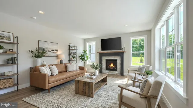 a living room with furniture a rug and a fireplace