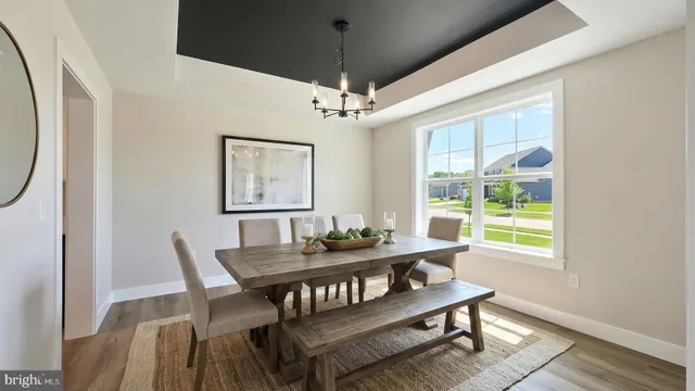 a dining room with furniture a rug and a chandelier