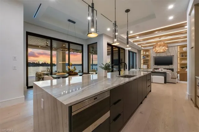 a large kitchen with a counter space