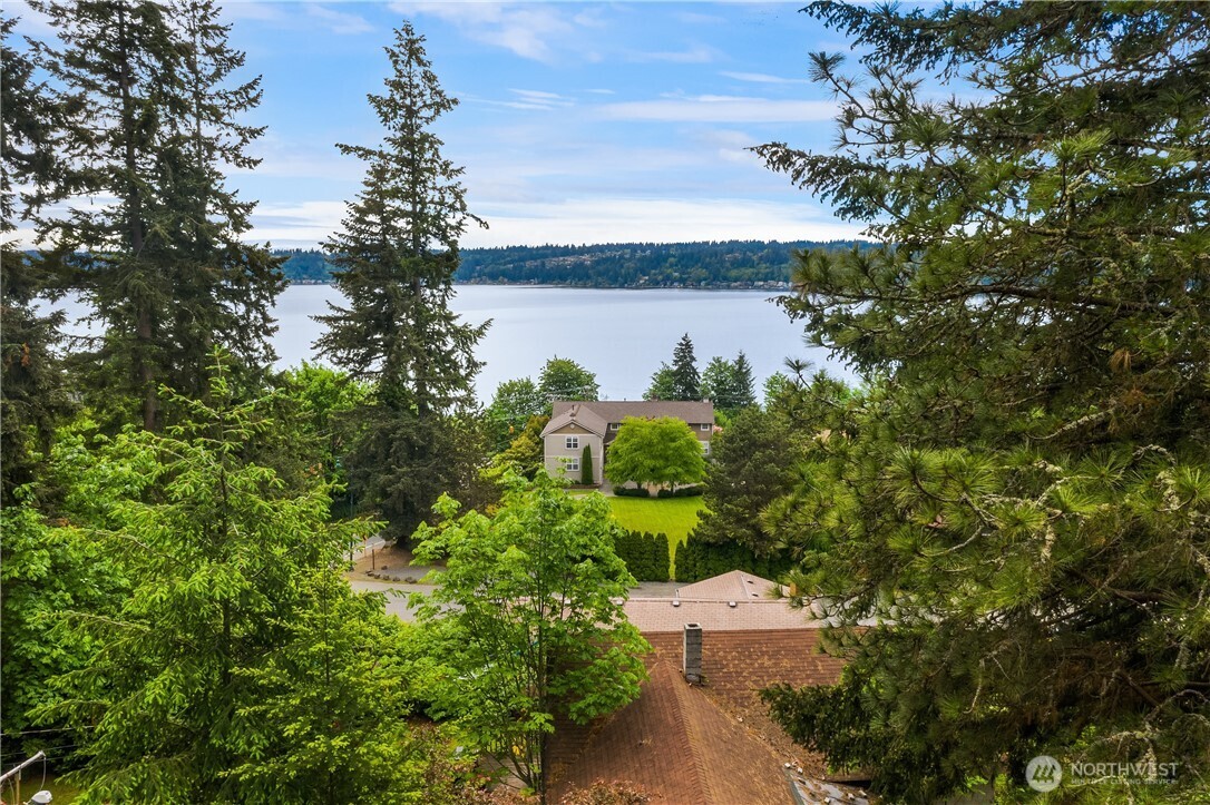 an aerial view of a house with a yard and lake view