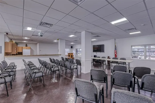 a view of a dining room with furniture