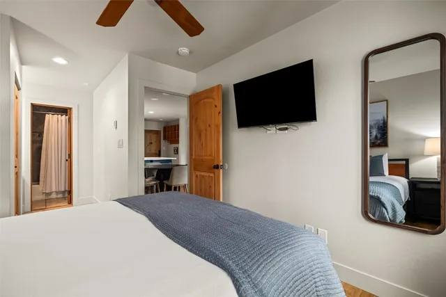 a bedroom with a bed and a flat screen tv