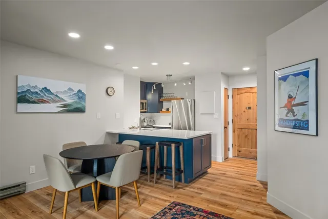 a view of a dining room with furniture