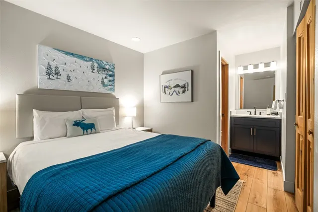 a bedroom with a bed and a view of bathroom