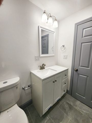 a bathroom with a sink a toilet and mirror