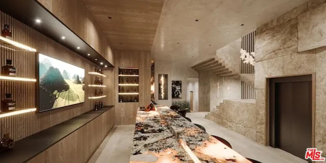 a bedroom with furniture and a fireplace