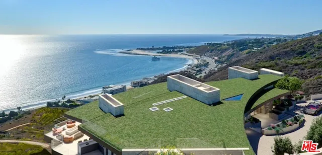 an aerial view of a house with a garden and mountain view in back