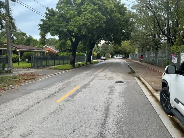 a view of a yard with plants and trees