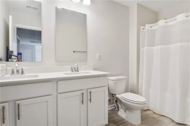 a bathroom with a toilet sink vanity and mirror