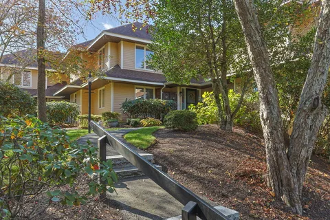 a front view of a house with plants