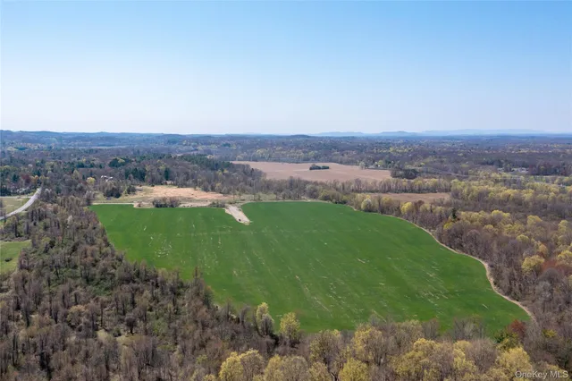 a view of a grassy area with mountains and a houses