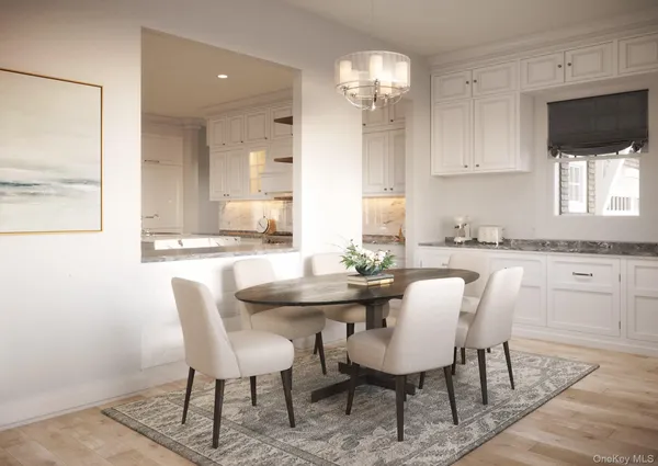 a view of a dining room with furniture and window