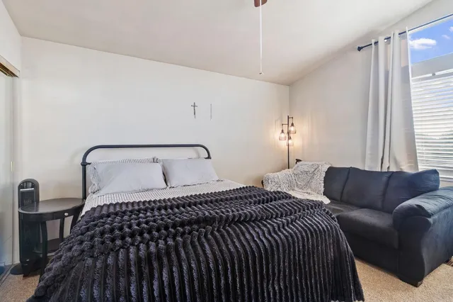 a bedroom with a bed and a couch