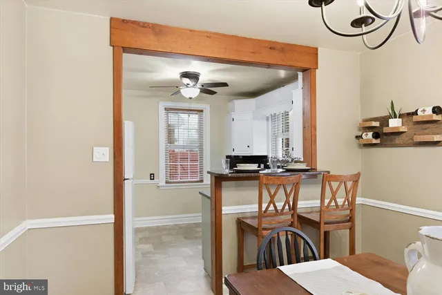 a view of a dining room with furniture