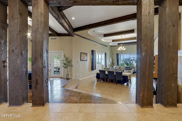 a view of a dining room with furniture