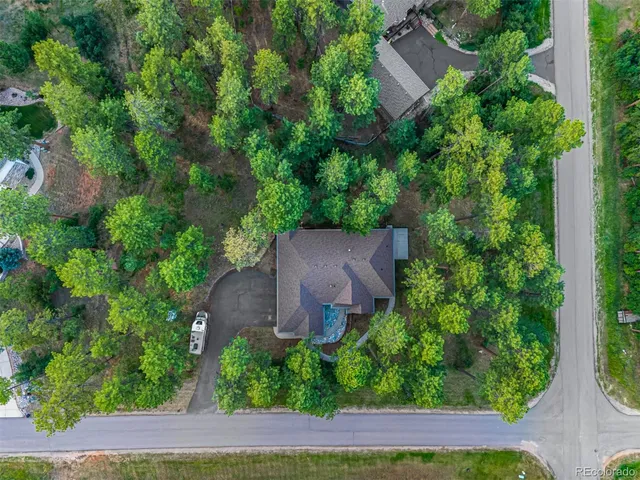 an aerial view of residential houses with outdoor space and trees