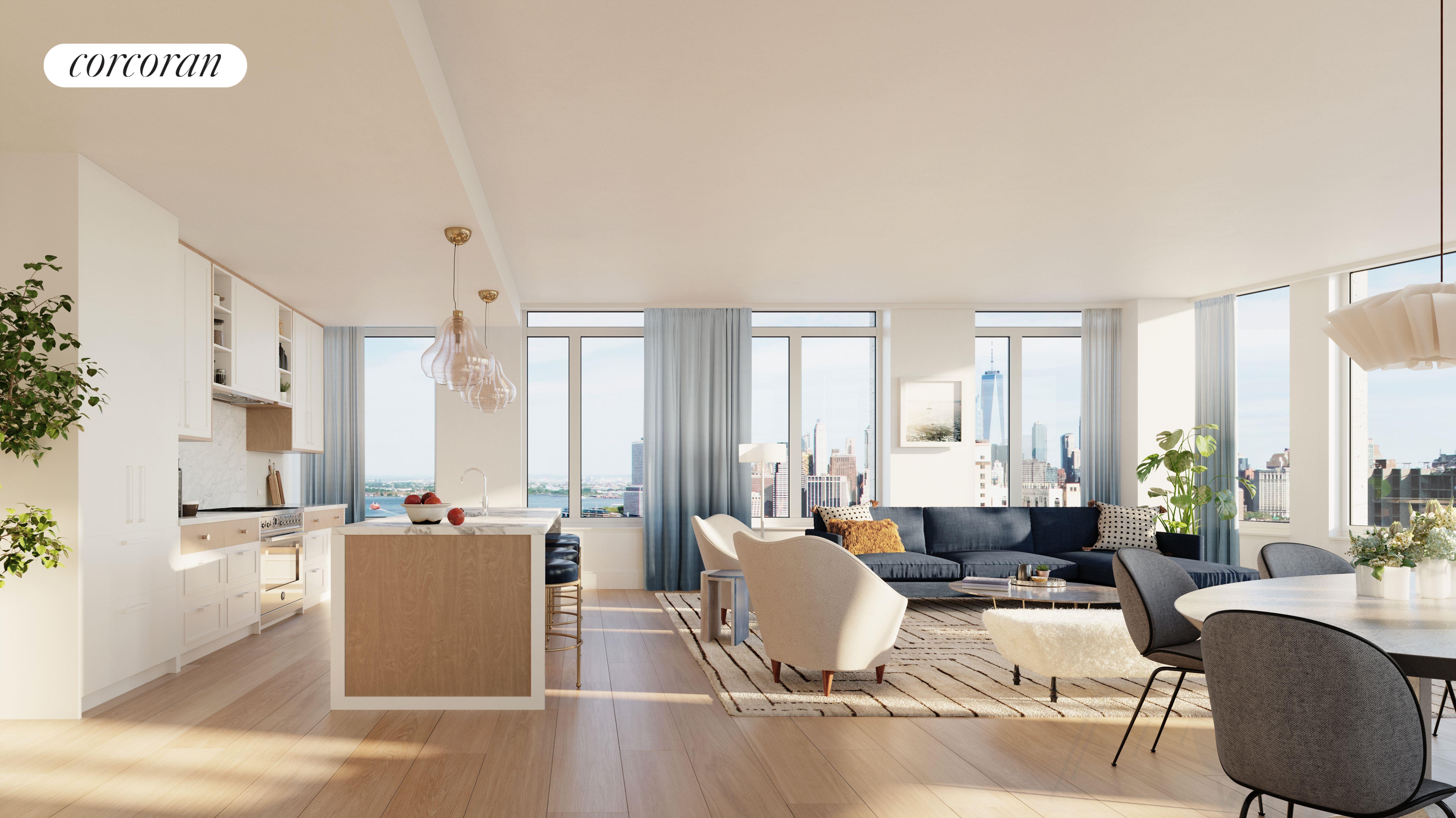 a living room with fireplace furniture and a large window
