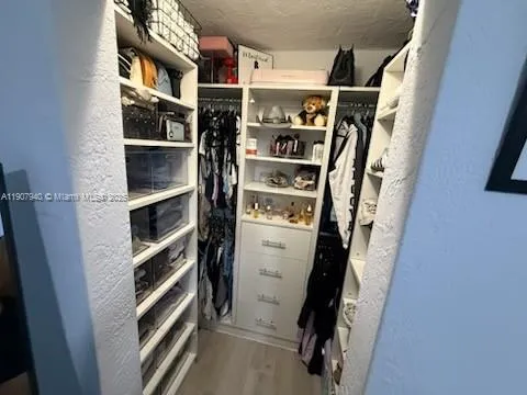 a view of walk in closet with clothes and shoes