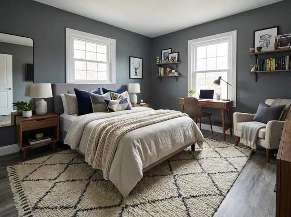 a bedroom with double bed and a window