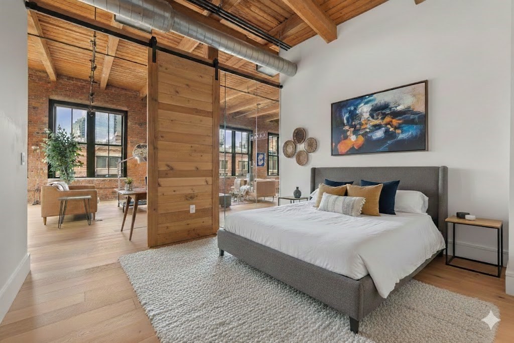 49 Melcher Street, Unit 502 Boston, MA 02210 - Photo 16 of 29 a spacious bedroom with a large bed and a chandelier